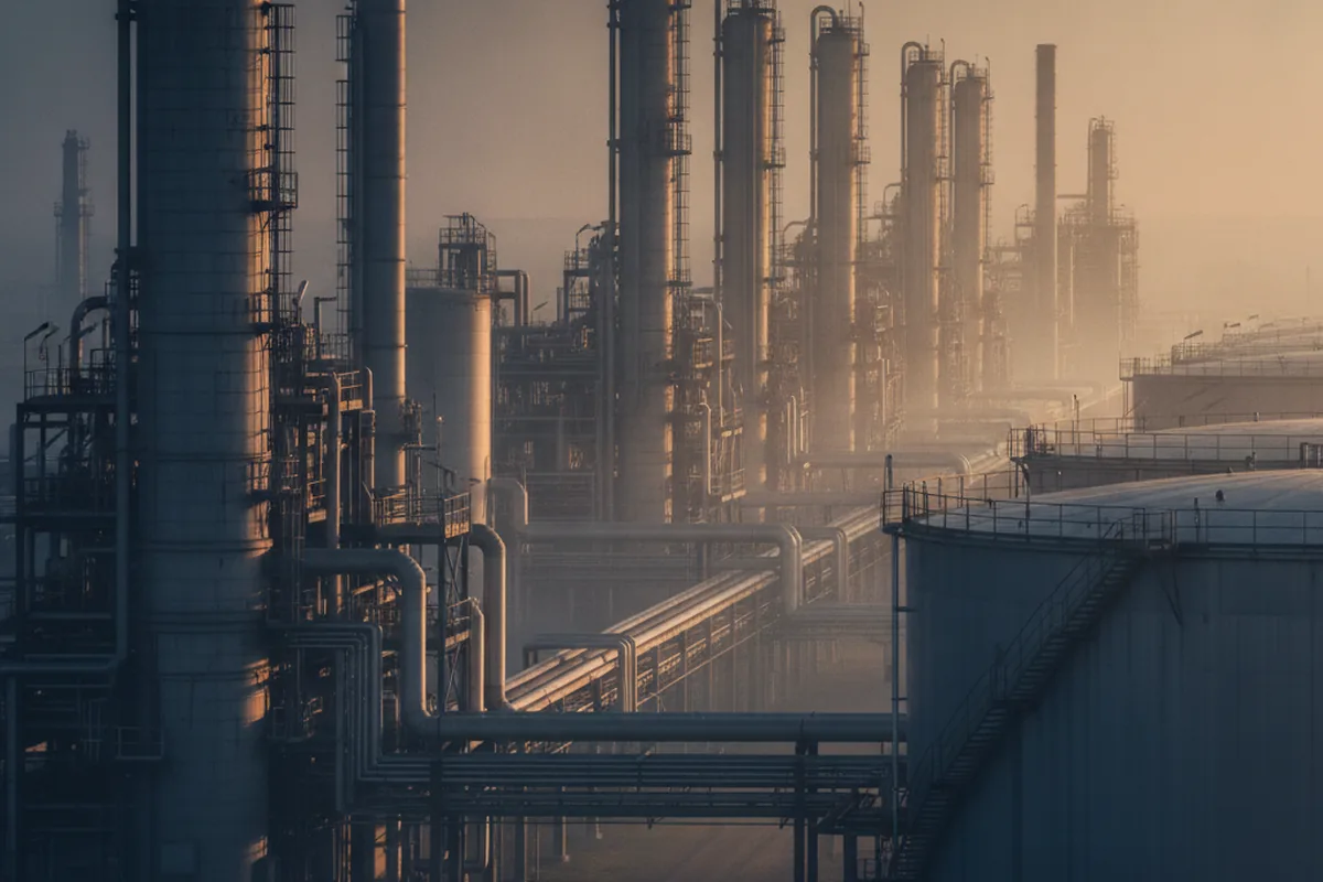 Chemie-Industrieanlage im Abendlicht — sinnbildlich für das Chemie-Cluster Leuna/Schkopau