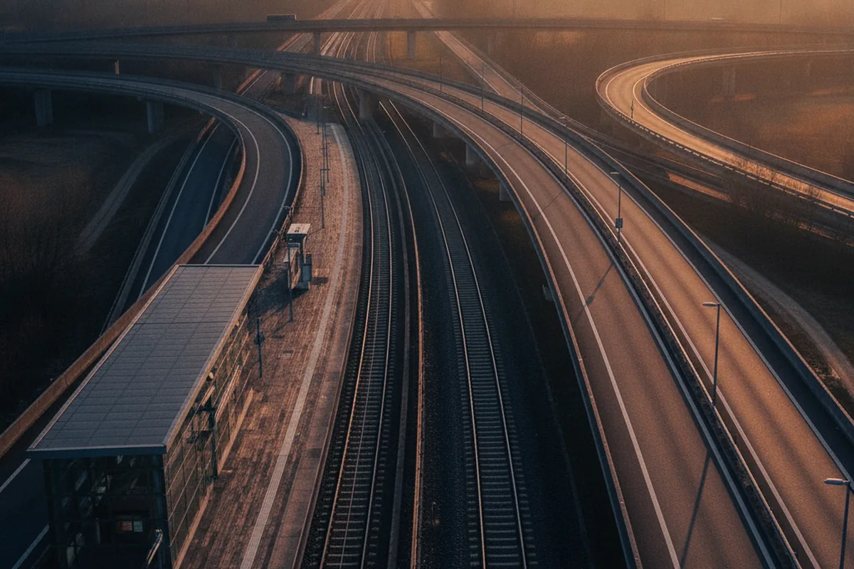 Bahnsteig und Autobahnkreuz aus der Vogelperspektive — sinnbildlich für das Logistik- und Pendler-Cluster