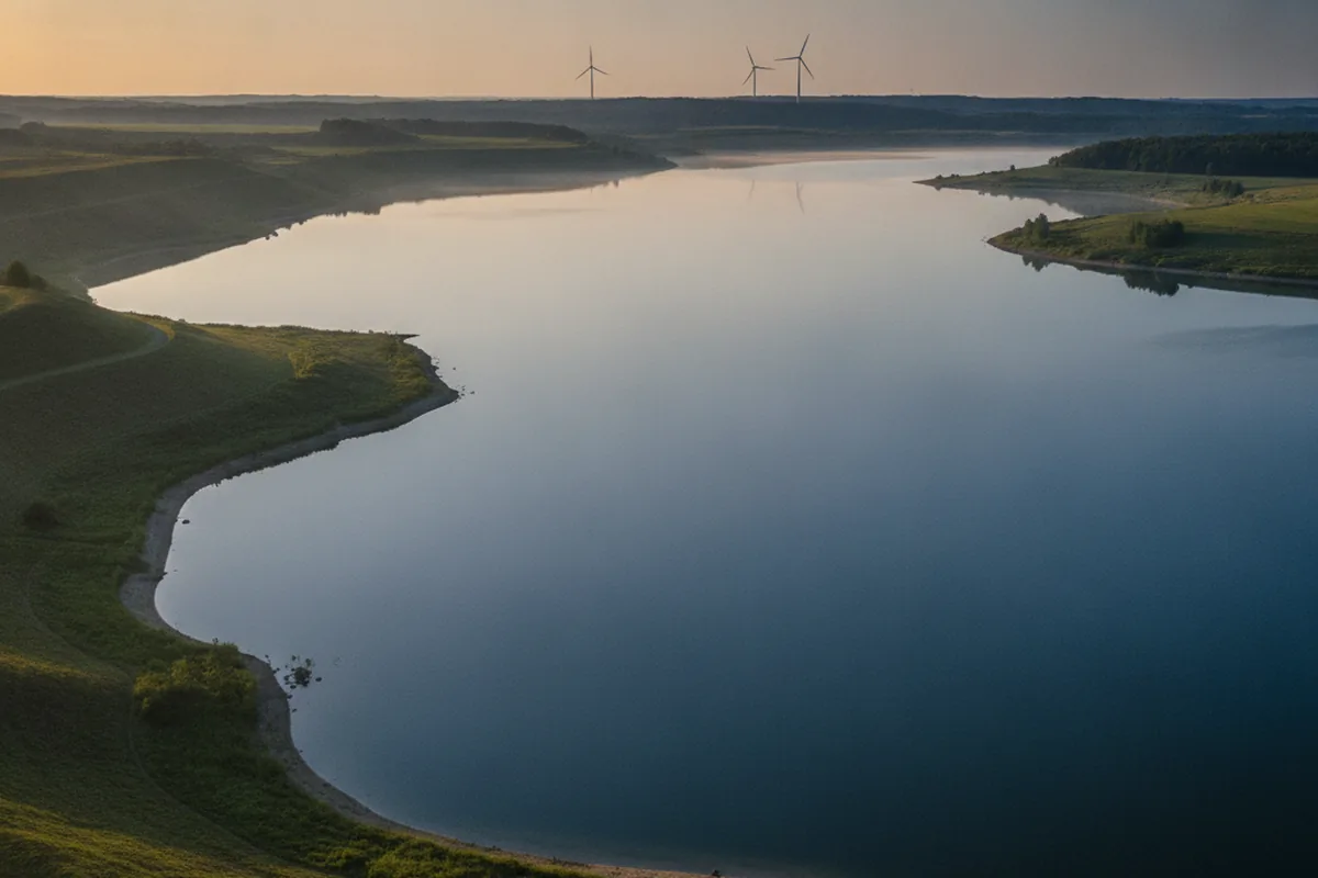 Renaturierter Bergbausee mit Windrädern — sinnbildlich für den Strukturwandel im Geiseltal
